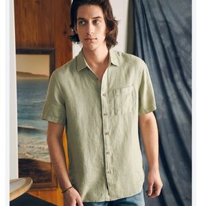New! Faherty Palma 100% Linen Button Down Short Sleeve Summer in Canyon Olive XL